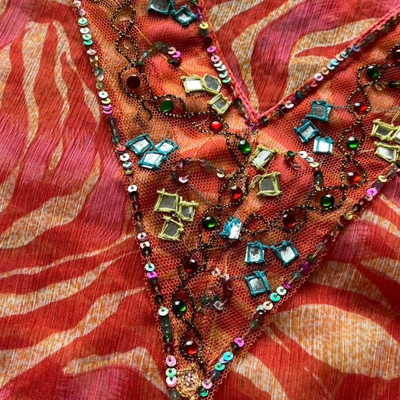 Vintage New Direction Orange Zebra Print Wmn SM Beaded Top Festival Boho Safari - Picture 3 of 8